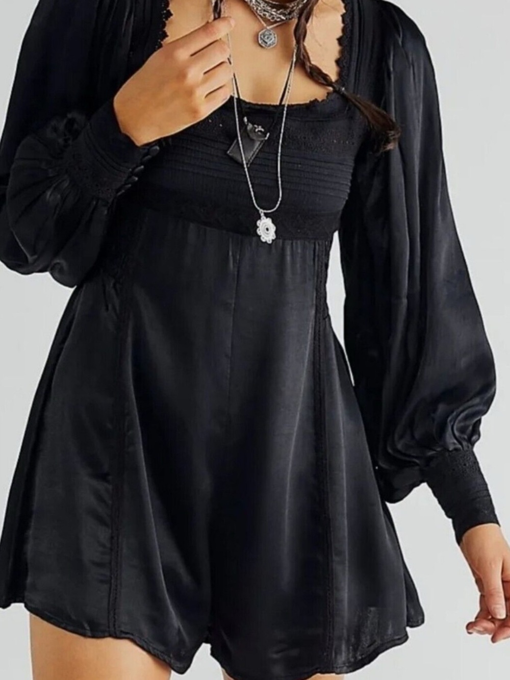 Free People Women’s Black Smocked Lace Square Neck Long Sleeve Romper 2